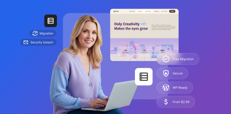 Woman using a laptop between two server icons: one tagged “Migration” and “Security breach,” the other “Free Migration,” “Secure,” “WP Ready,” and “From $2.99.”