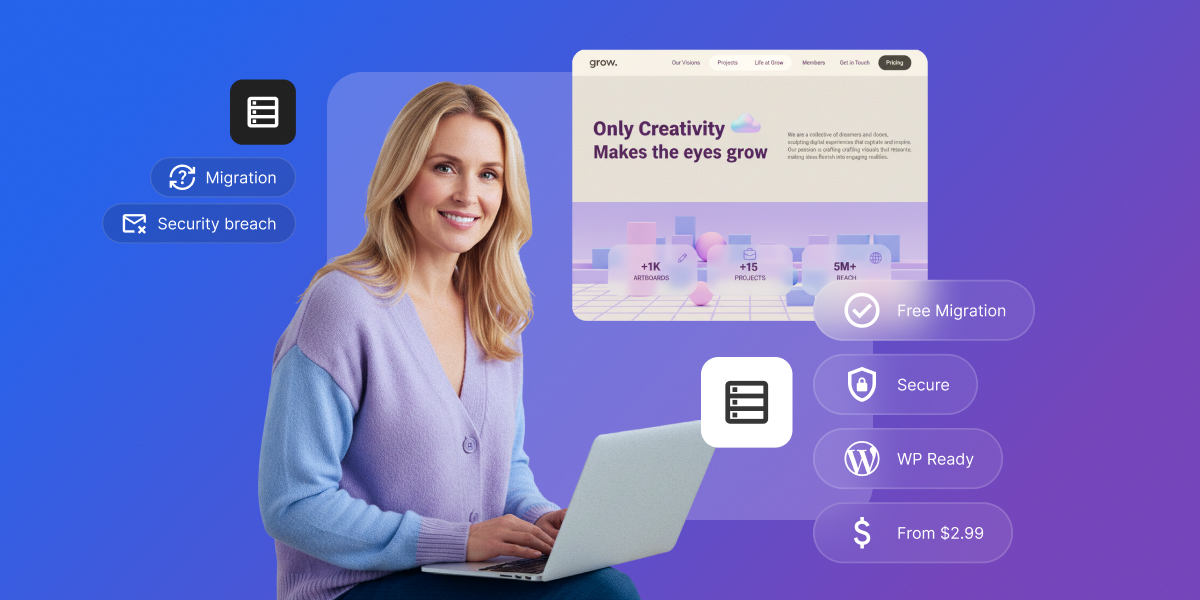 Woman using a laptop between two server icons: one tagged “Migration” and “Security breach,” the other “Free Migration,” “Secure,” “WP Ready,” and “From $2.99.”
