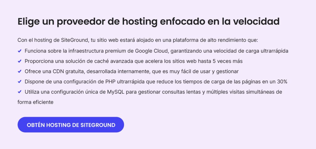 Un banner promocional que enumera las características únicas de hosting rápido de SiteGround.