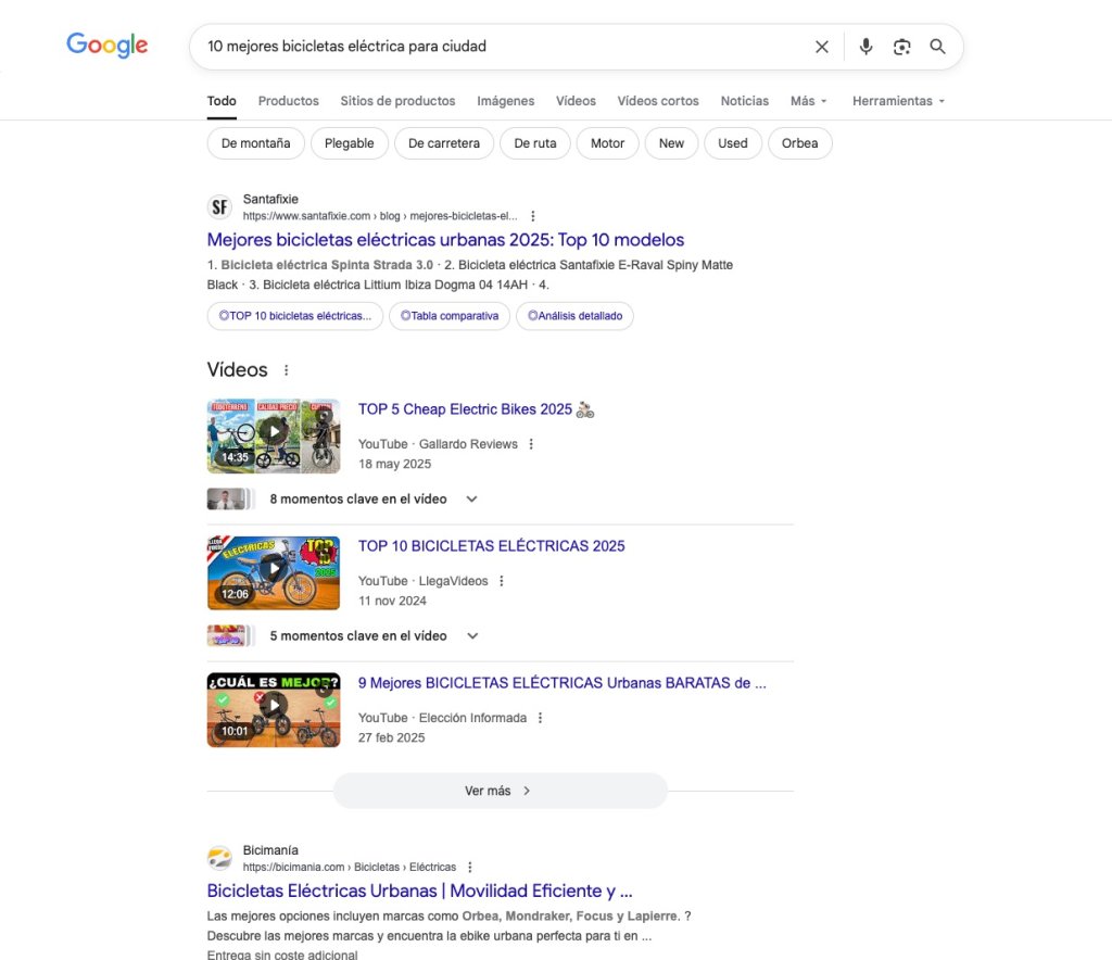 Captura de Google de lo que ocupa las primeras posiciones para una búsqueda comercial