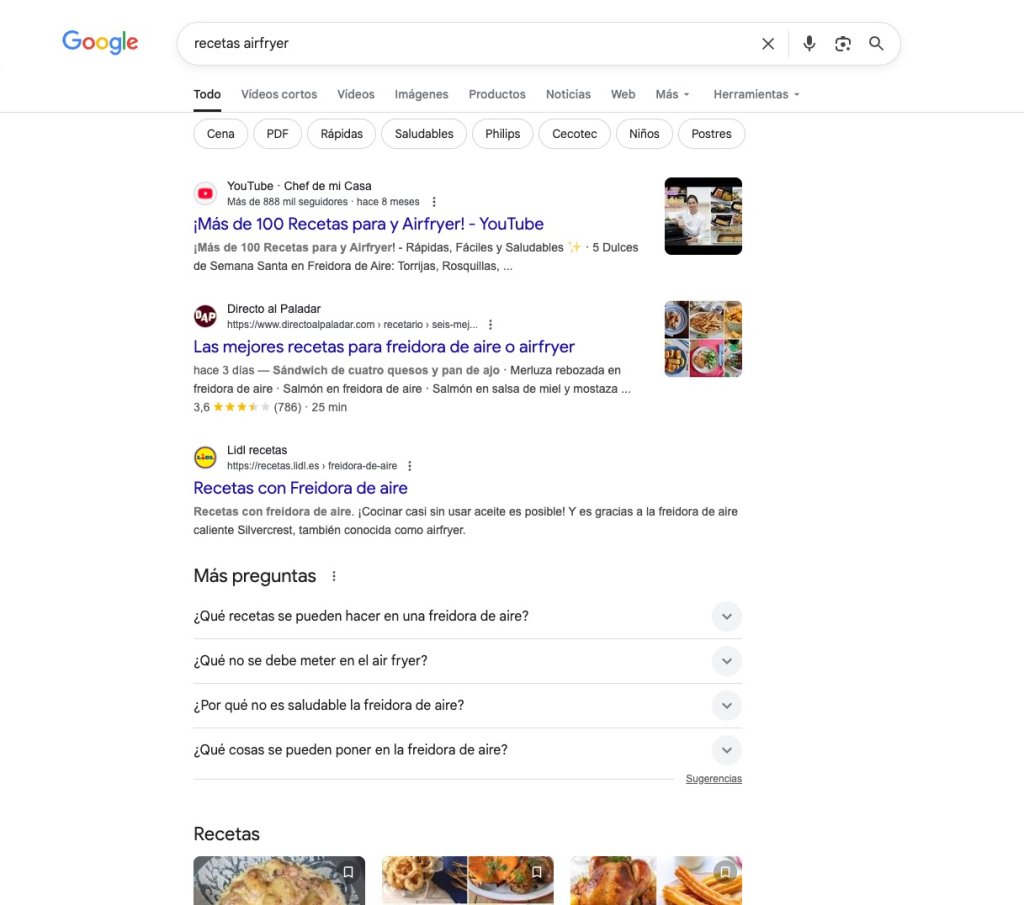 Captura de Google de lo que ocupa las primeras posiciones para la búsqueda recetas airfryer