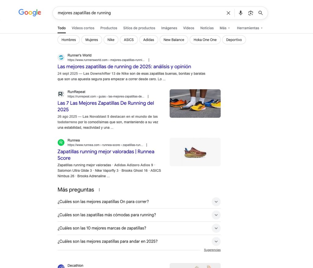 Captura de Google de lo que ocupa las primeras posiciones para una búsqueda de mejores zapatillas de running