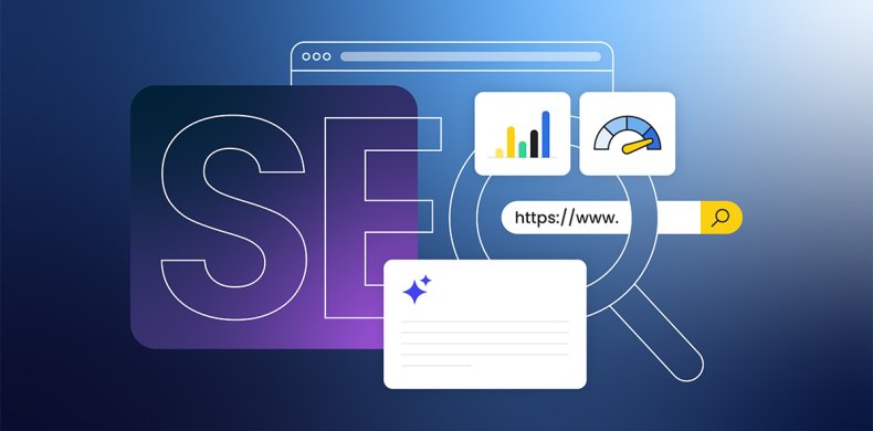 Infografía que apela al SEO con una barra de búsqueda, gráficos de rendimiento y un símbolo de IA Overview