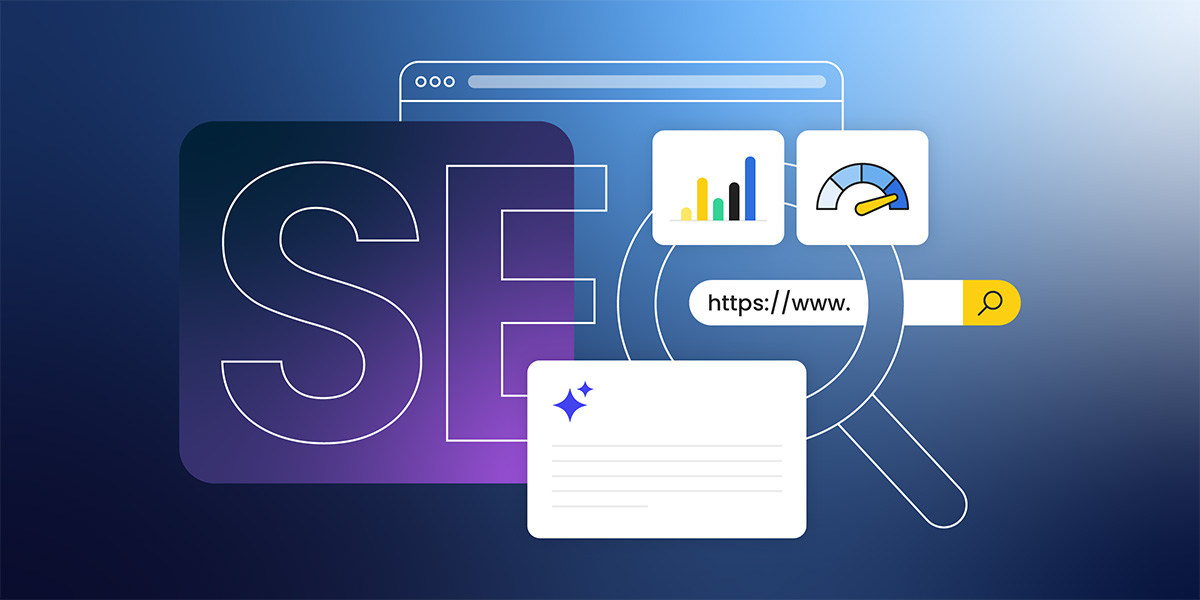 Infografía que apela al SEO con una barra de búsqueda, gráficos de rendimiento y un símbolo de IA Overview