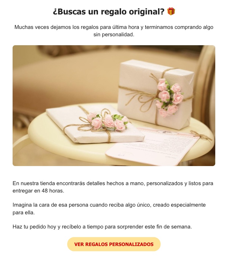 Imagen de un email en el que se muestra un ejemplo de la estructura de mensaje AIDA