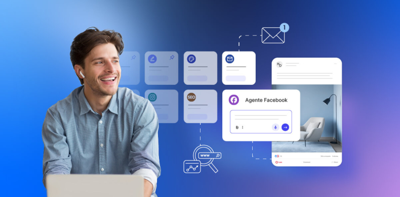Ilustración de un empresario frente a la computadora que utiliza agentes de IA para realizar varias tareas al mismo tiempo