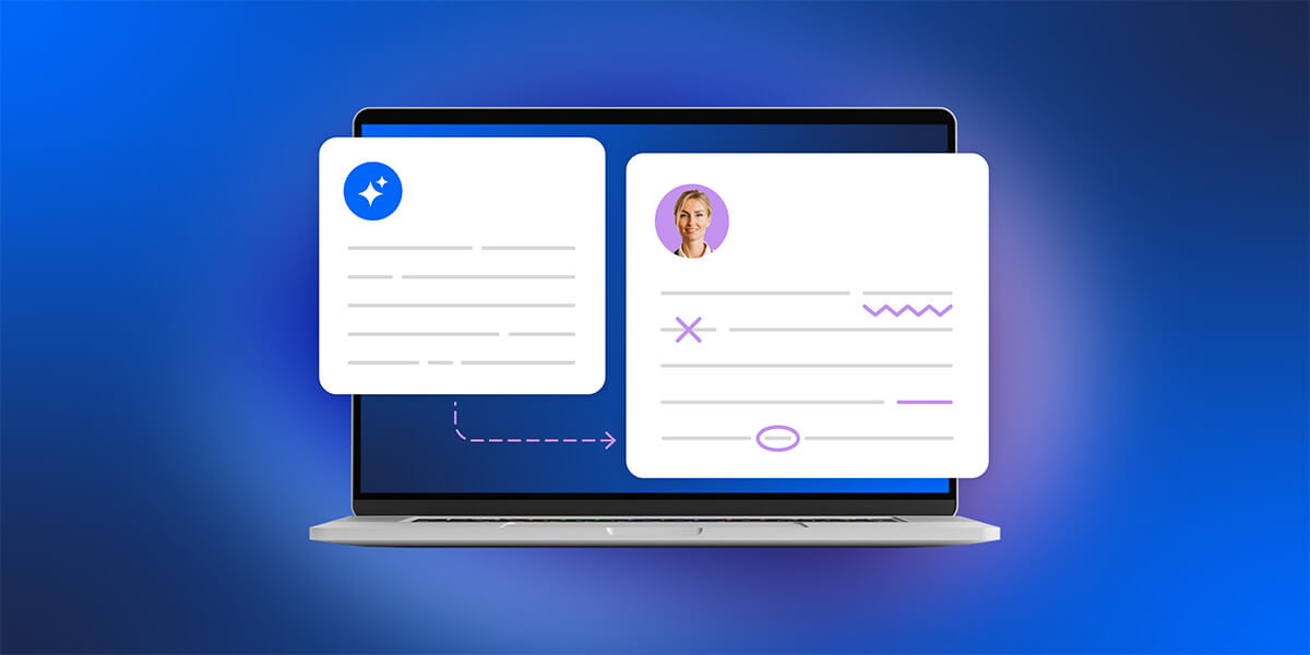 Ilustración de una pantalla en la que aparecen dos textos, uno generado por IA y otro redactado por un usuario humano
