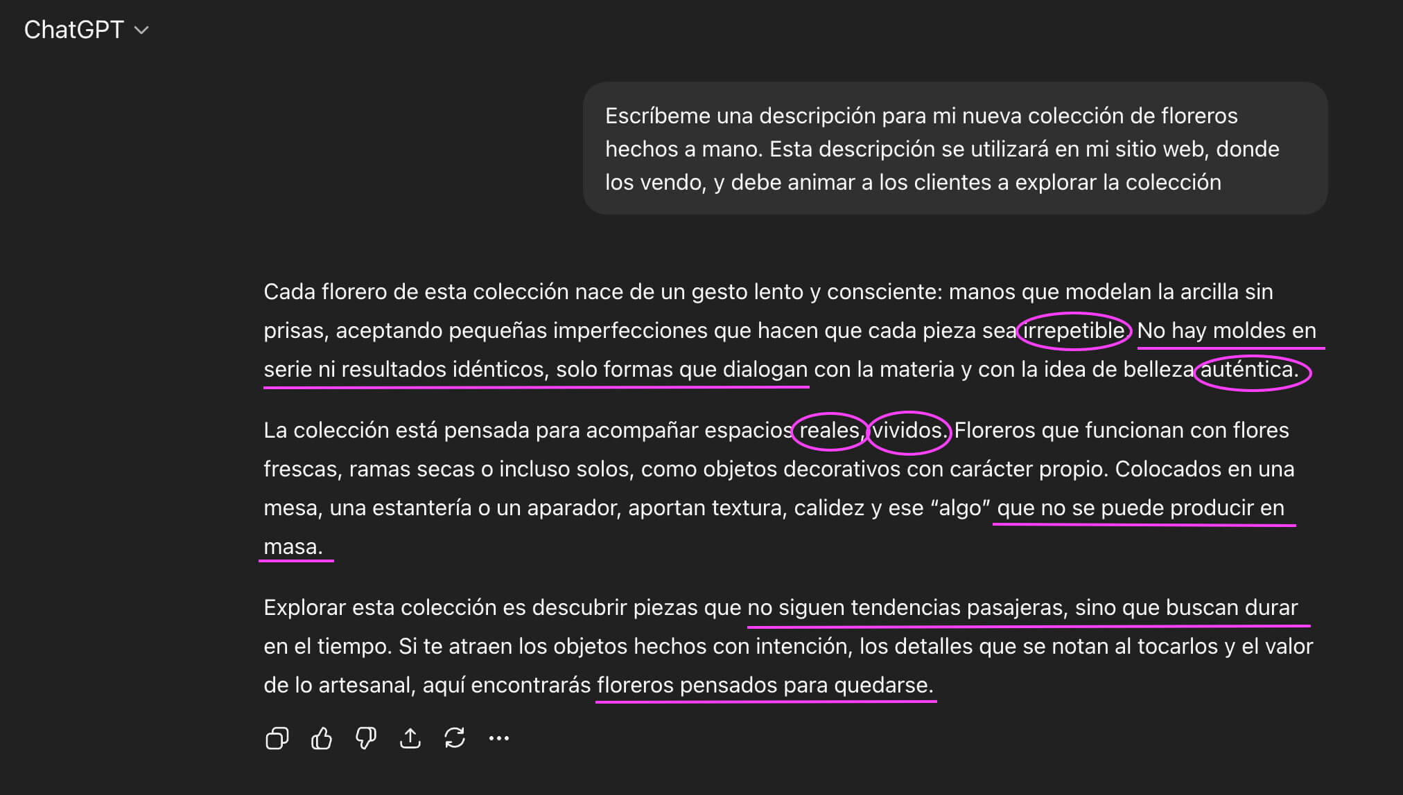 Captura de pantalla de un texto generado por ChatGPT, en el que se resaltan varias expresiones típicas de la IA