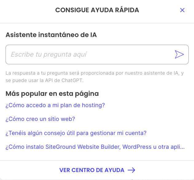 Captura de pantalla de la asistencia basada en IA en el sitio web de SiteGround