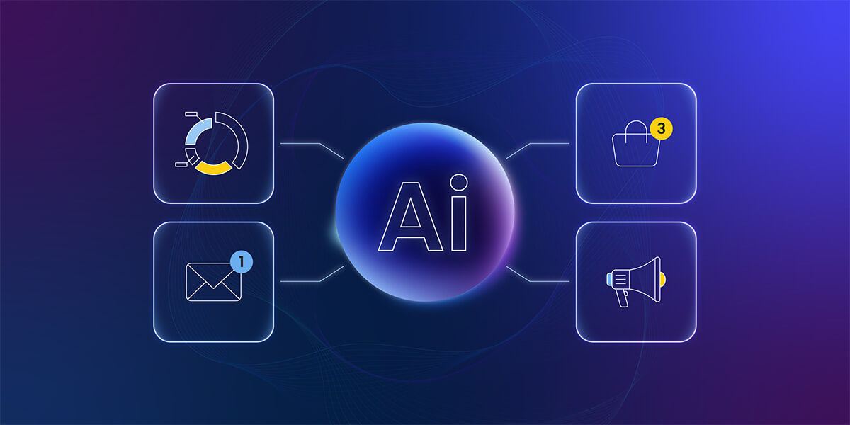 Ilustración que representa un ícono de optimización de IA rodeado de íconos de diversas áreas del marketing: métricas, correos electrónicos, comercio electrónico y campañas en redes sociales