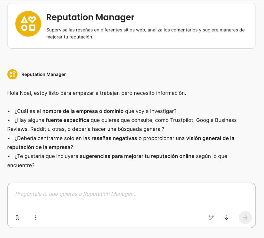 Captura de pantalla del agente de IA de SiteGround para la gestión de la reputación