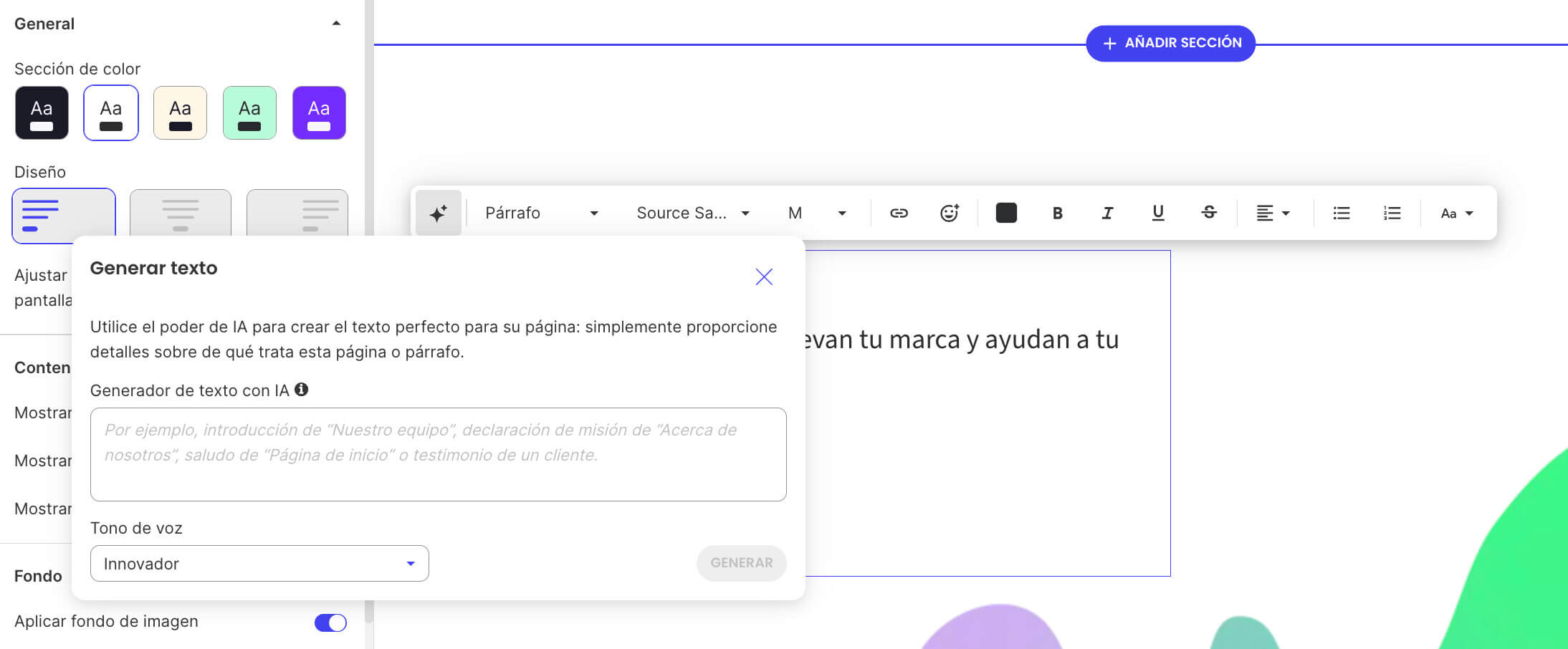 Captura de pantalla del Website Builder con tecnología IA de SiteGround