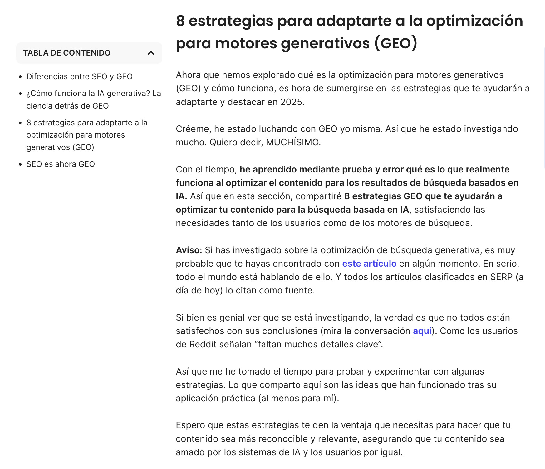 Captura de pantalla de un blog sobre sobre la optimización de WordPress con IA
