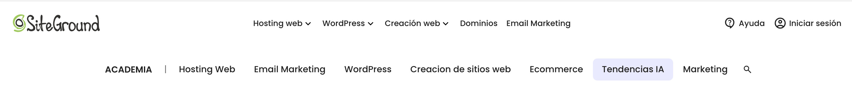 Captura de pantalla de las categorías de la web de SiteGround