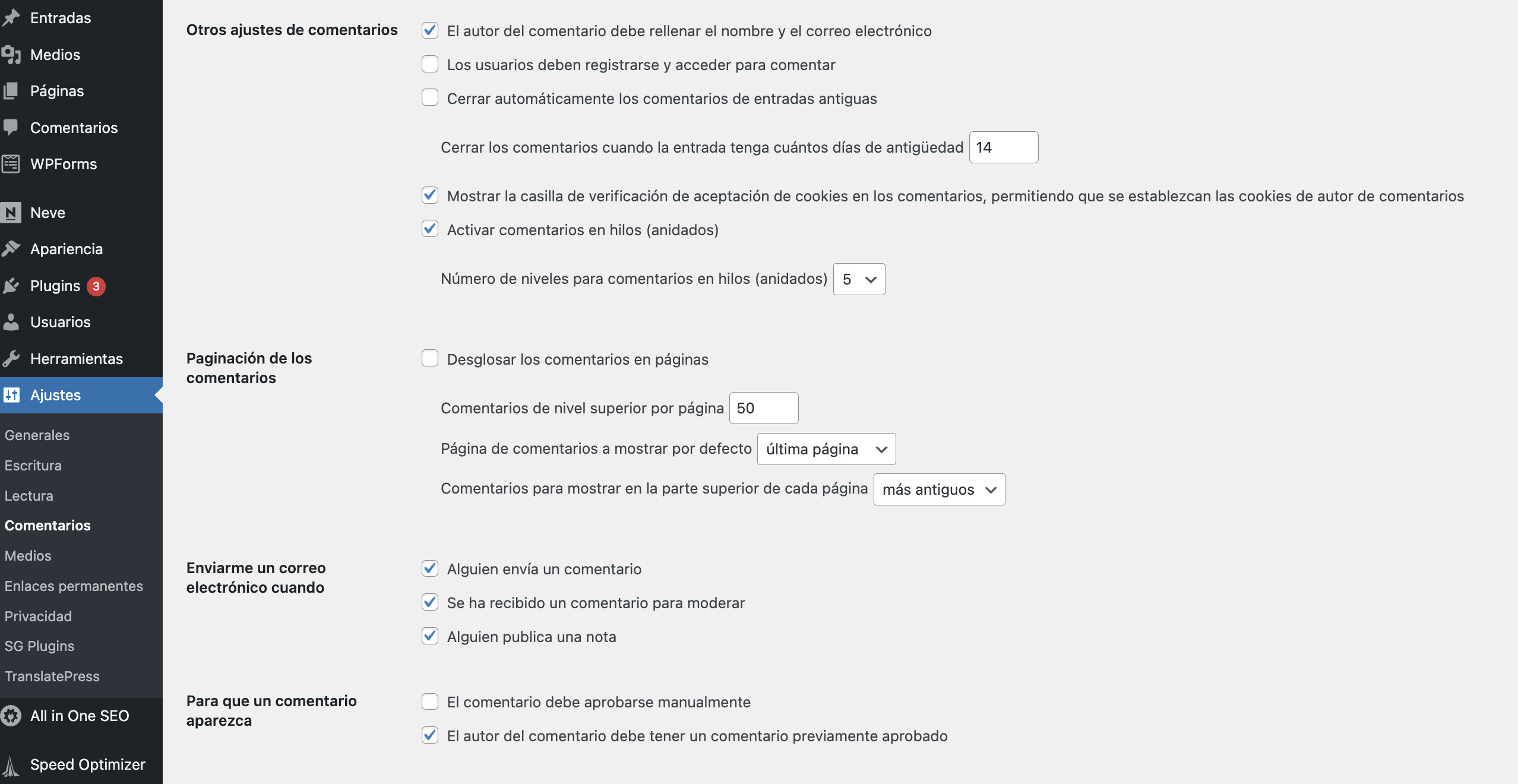 Captura de pantalla de la sección de comentarios en WordPress