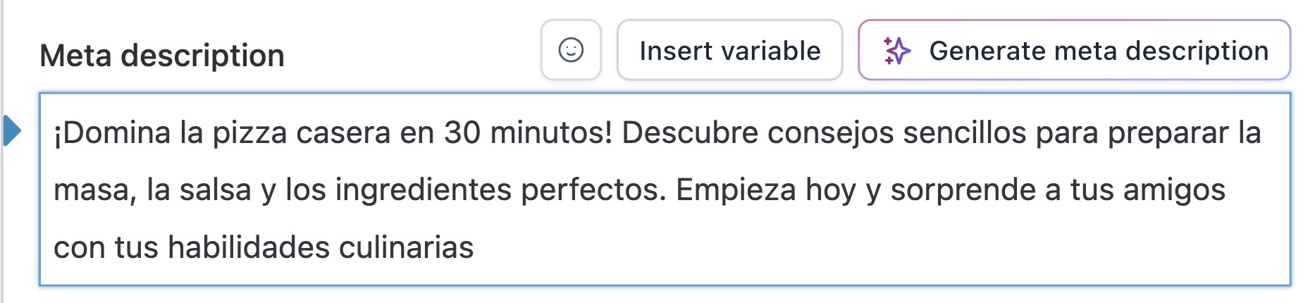 Captura de pantalla de un ejemplo de generar una metadescripción con la IA de WordPress