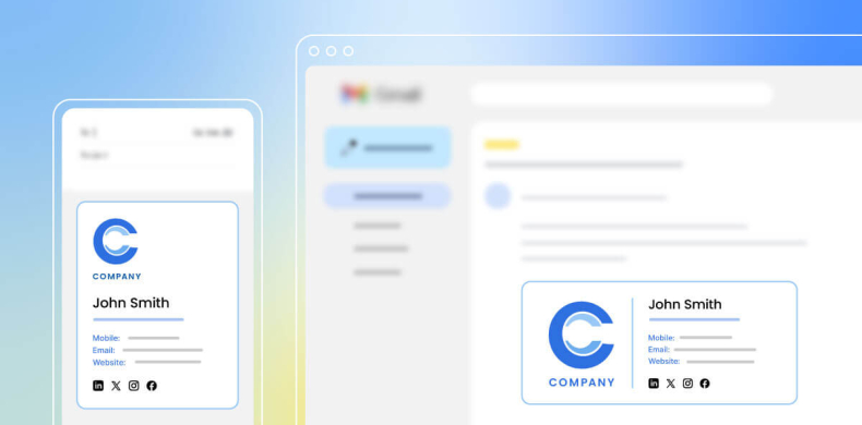 Ilustración que muestra un correo electrónico tanto en formato de escritorio como móvil. El correo electrónico presenta una firma email corporativa profesional