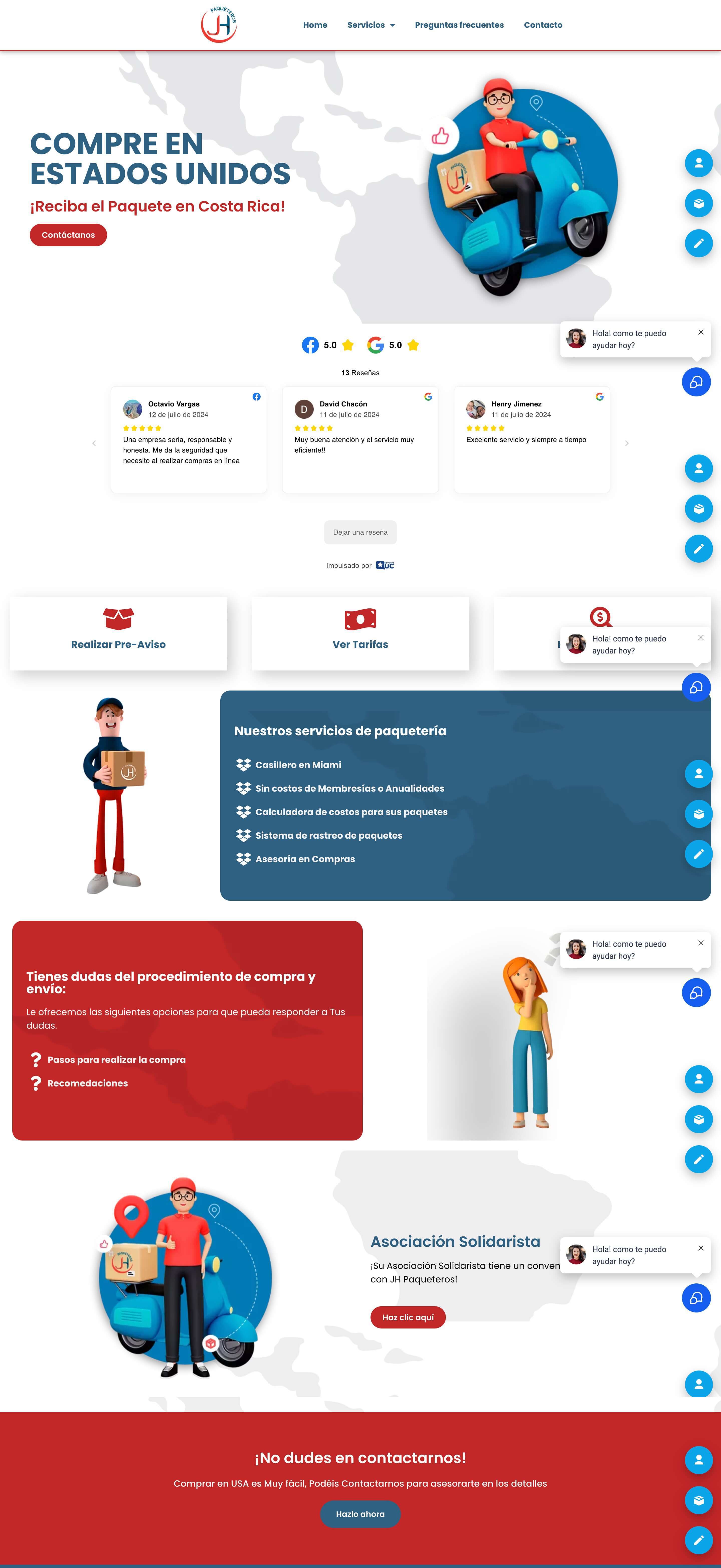 captura de pantalla de la landing page de JH Paqueteros