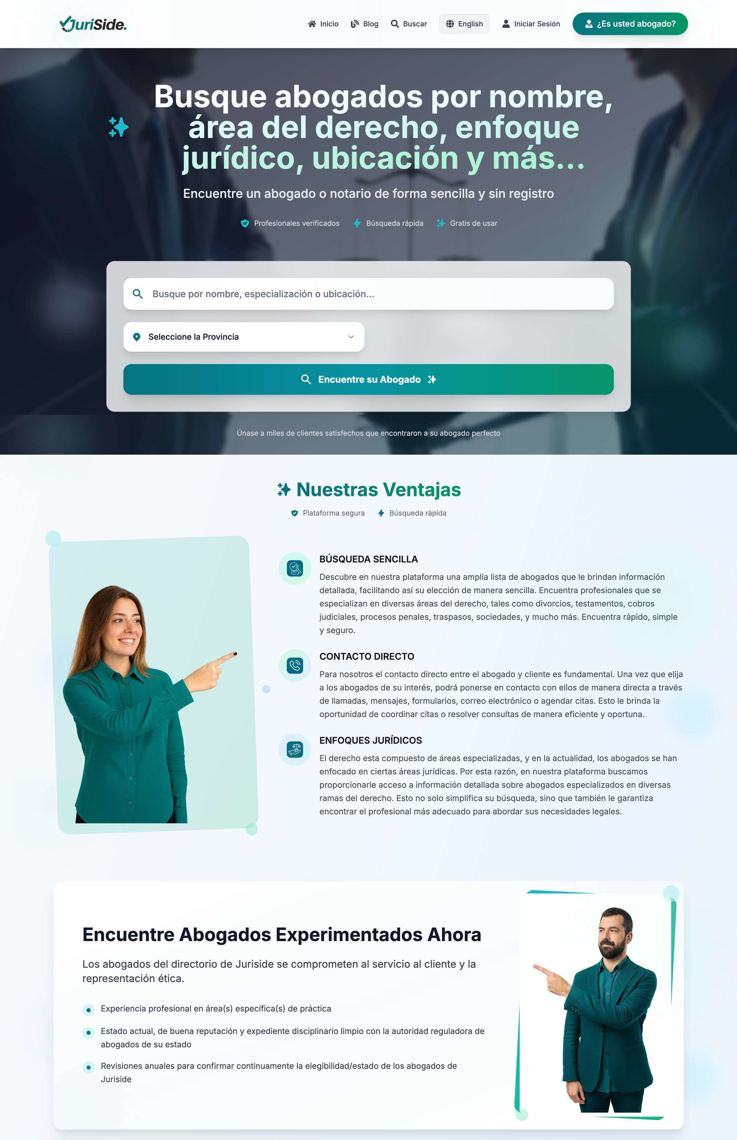 captura de pantalla de la parte superior de la landing page de Juriside