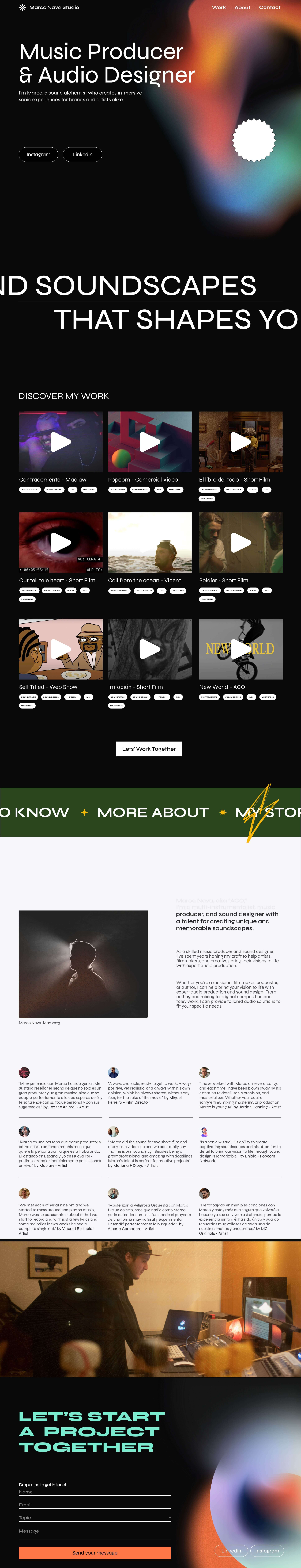 captura de pantalla de la landing page de Marco Nava Studio