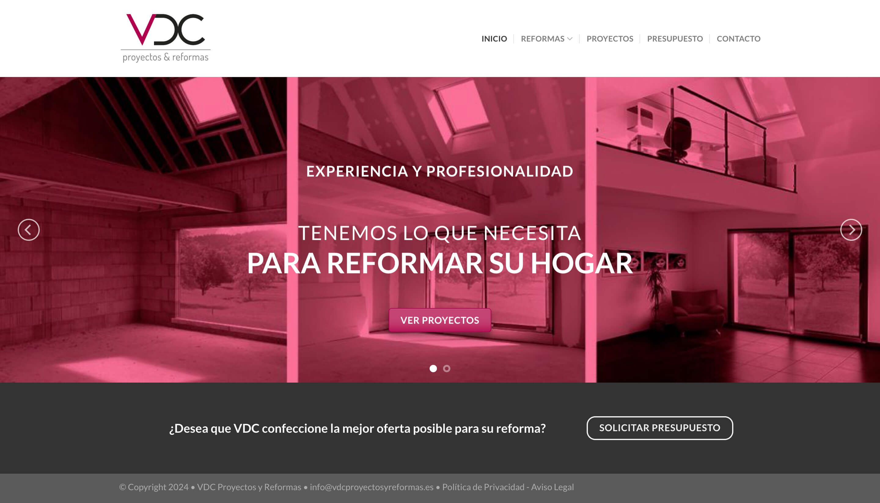 captura de pantalla de la landing page de VDC proyectos y reformas
