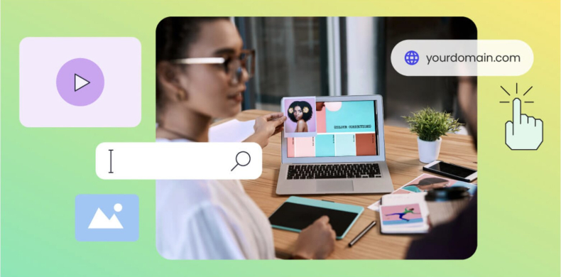 Ilustración de una persona diseñando una pagina web y comparando opciones