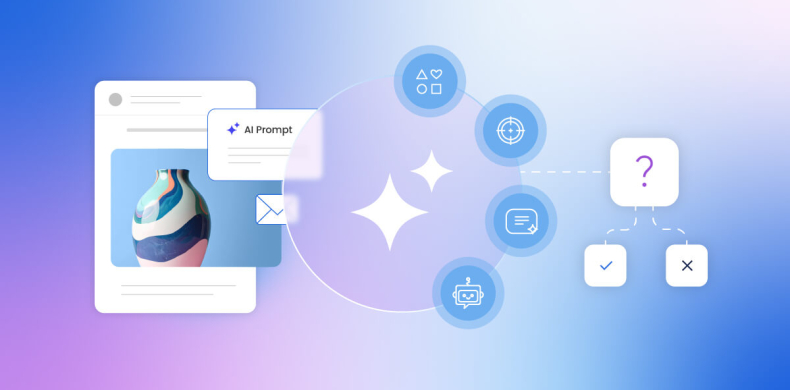 ilustracion que representa varios iconos de IA y consideraciones eticas al rededor de un mockup de una campaña de marketing