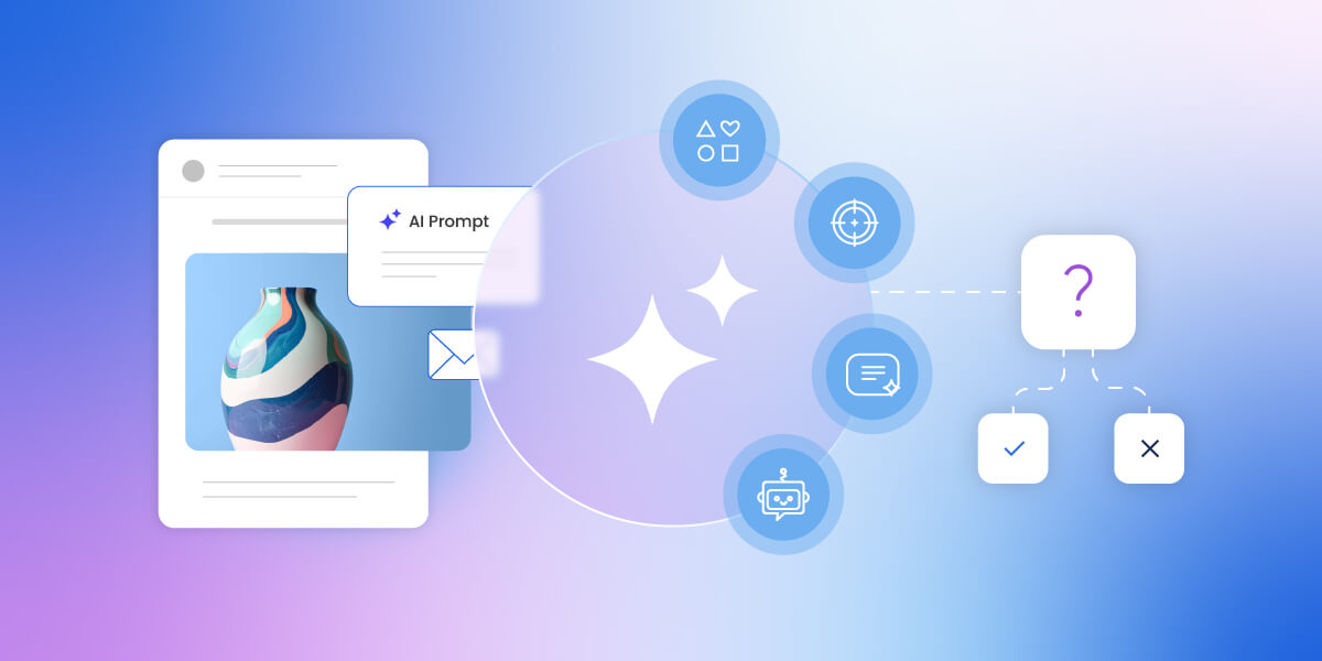 ilustracion que representa varios iconos de IA y consideraciones eticas al rededor de un mockup de una campaña de marketing