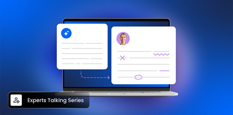 Ilustración de una pantalla en la que aparecen dos textos, uno generado por IA y otro redactado por un usuario humano. Hay una etiqueta que dice Experts Talking Series