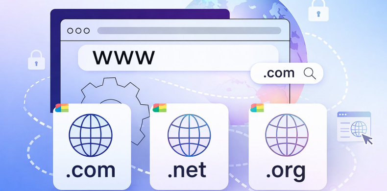 Ilustración que muestra un navegador web con la barra de direcciones “www” y varios iconos de dominios de internet representando la selección y uso de dominios en la web.