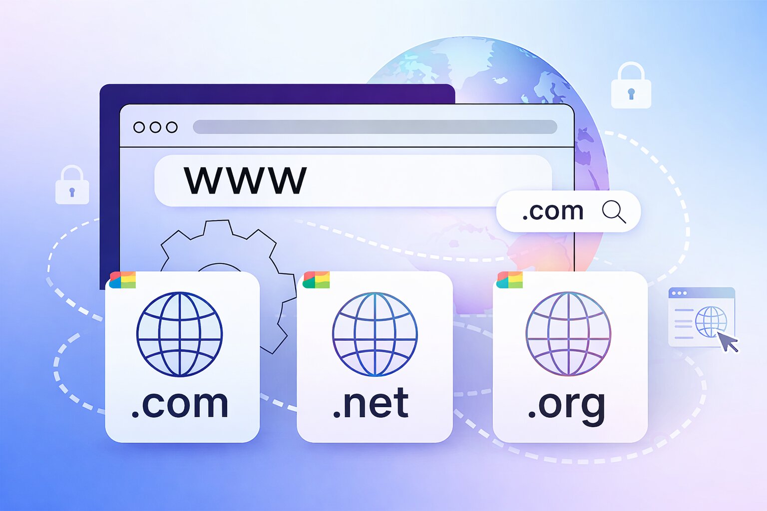 Ilustración que muestra un navegador web con la barra de direcciones “www” y varios iconos de dominios de internet representando la selección y uso de dominios en la web.