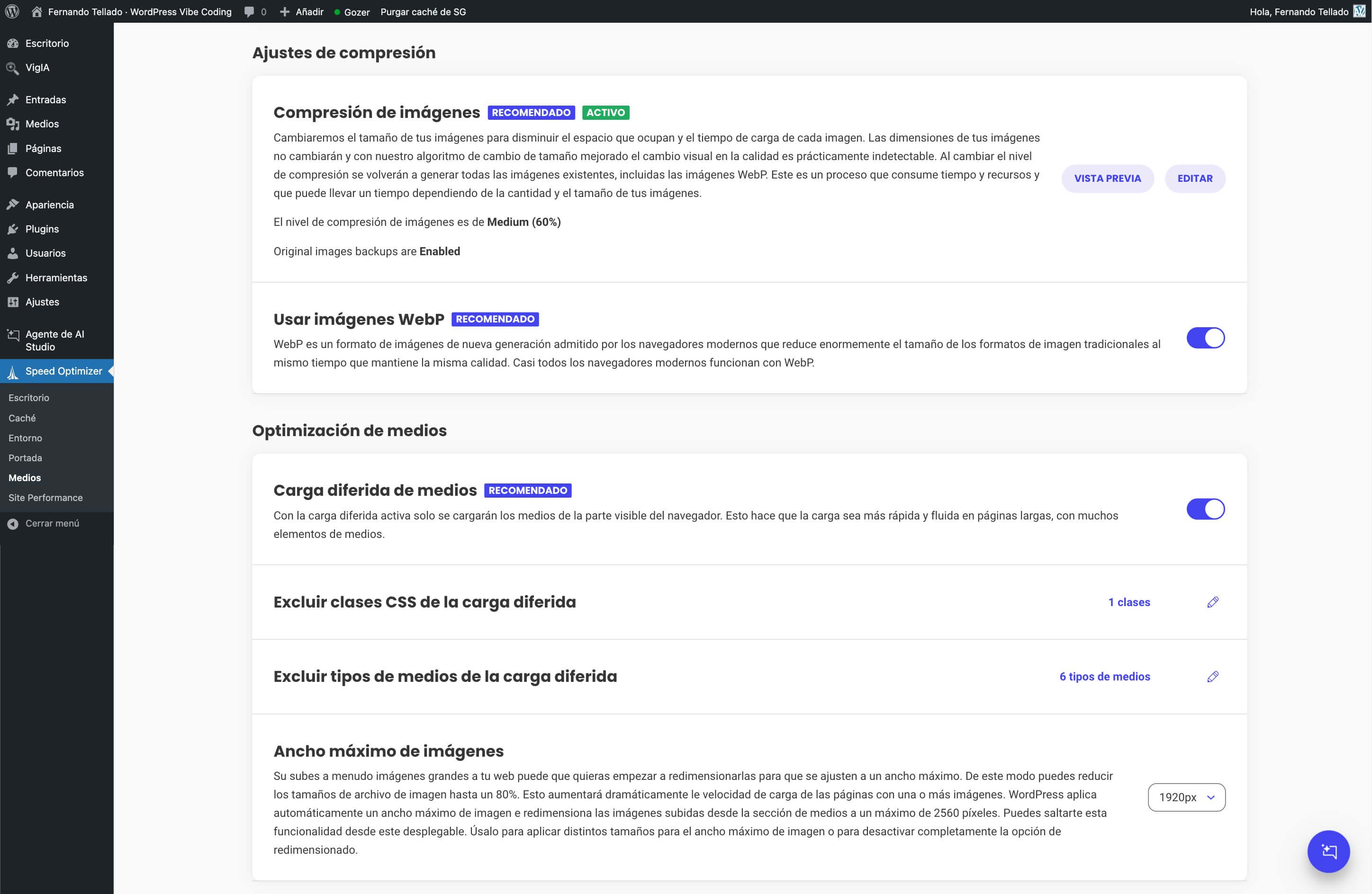 captura de pantalla de los ajustes de compresión en Speed Optimizer de SiteGround en WordPress