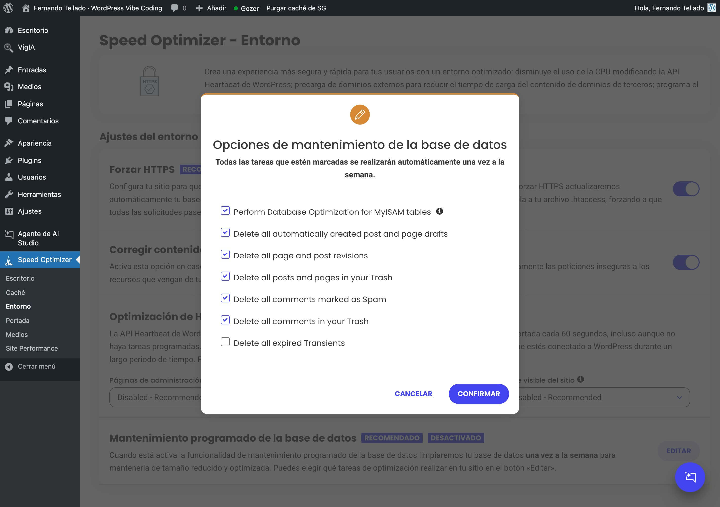captura de pantalla de las opciones de mantenimiento de la base de datos en el Speed Optimizer de SiteGround