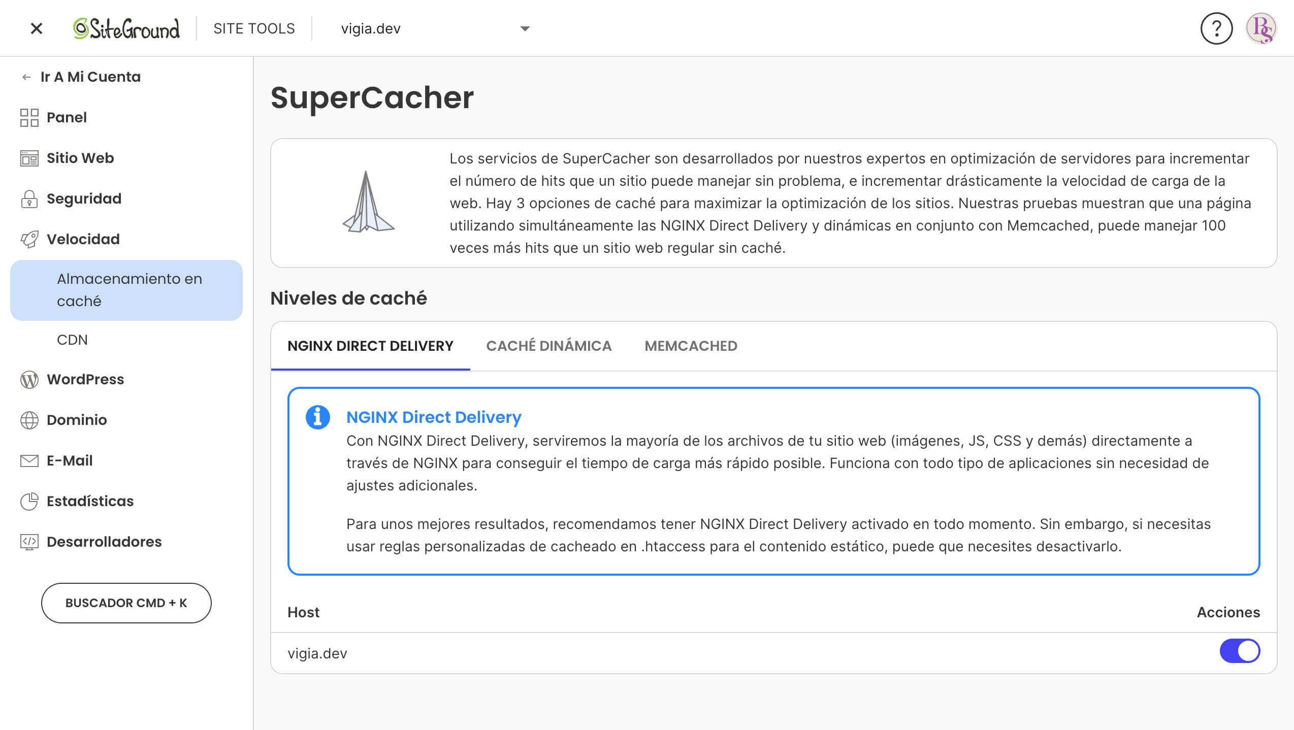 captura de pantalla del SuperCacher en Site Tools de SiteGround