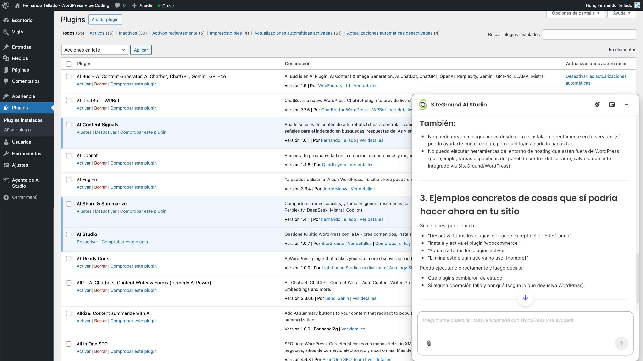 Captura de pantalla del agente de WordPress de AI Studio de SiteGround que aparece como un plugin en WordPress
