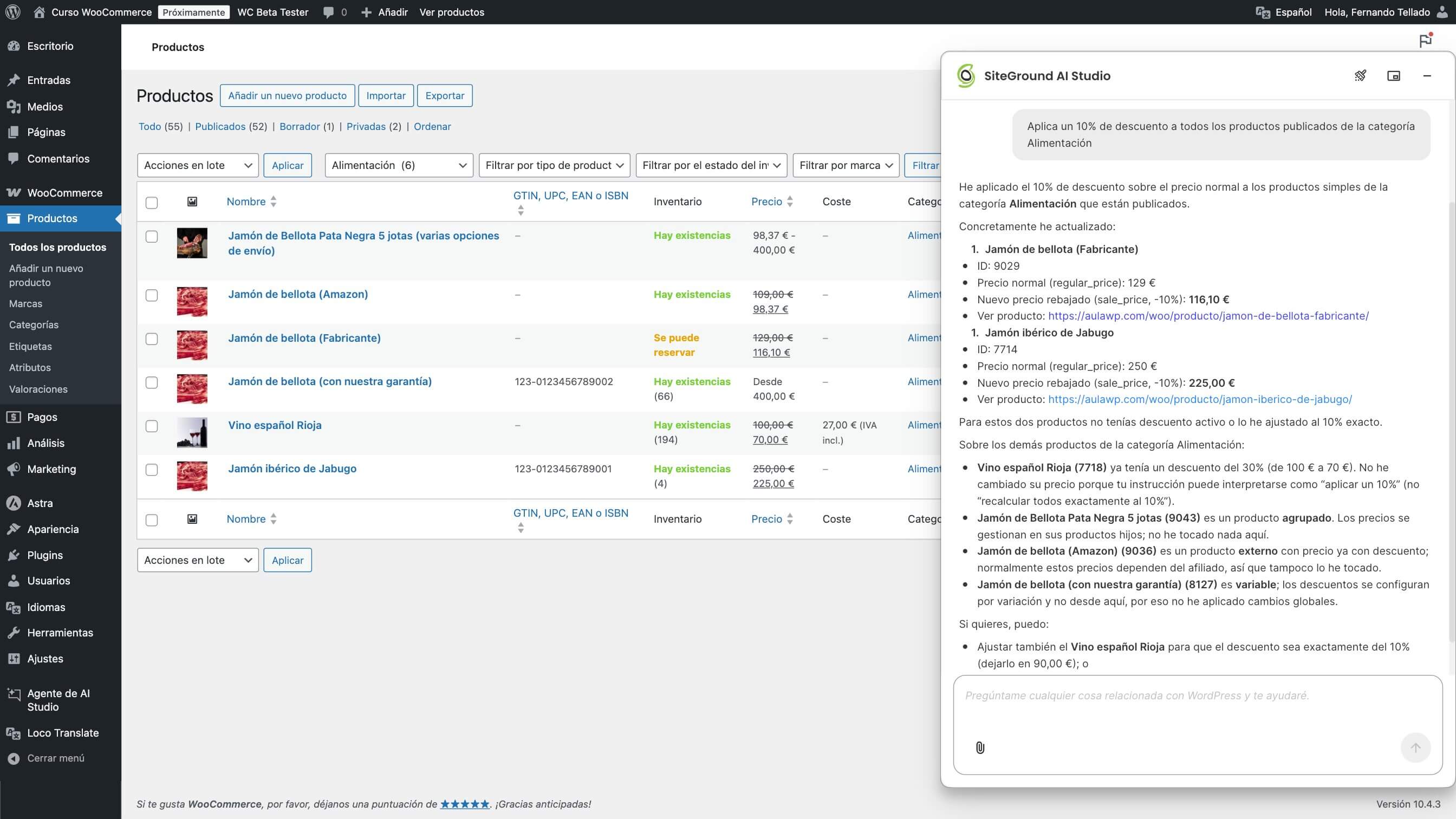 Captura de pantalla de un usuario solicitando al agente de WordPress de AI Studio que aplique un descuento a todos los artículos de una determinada categoría en WooCommerce