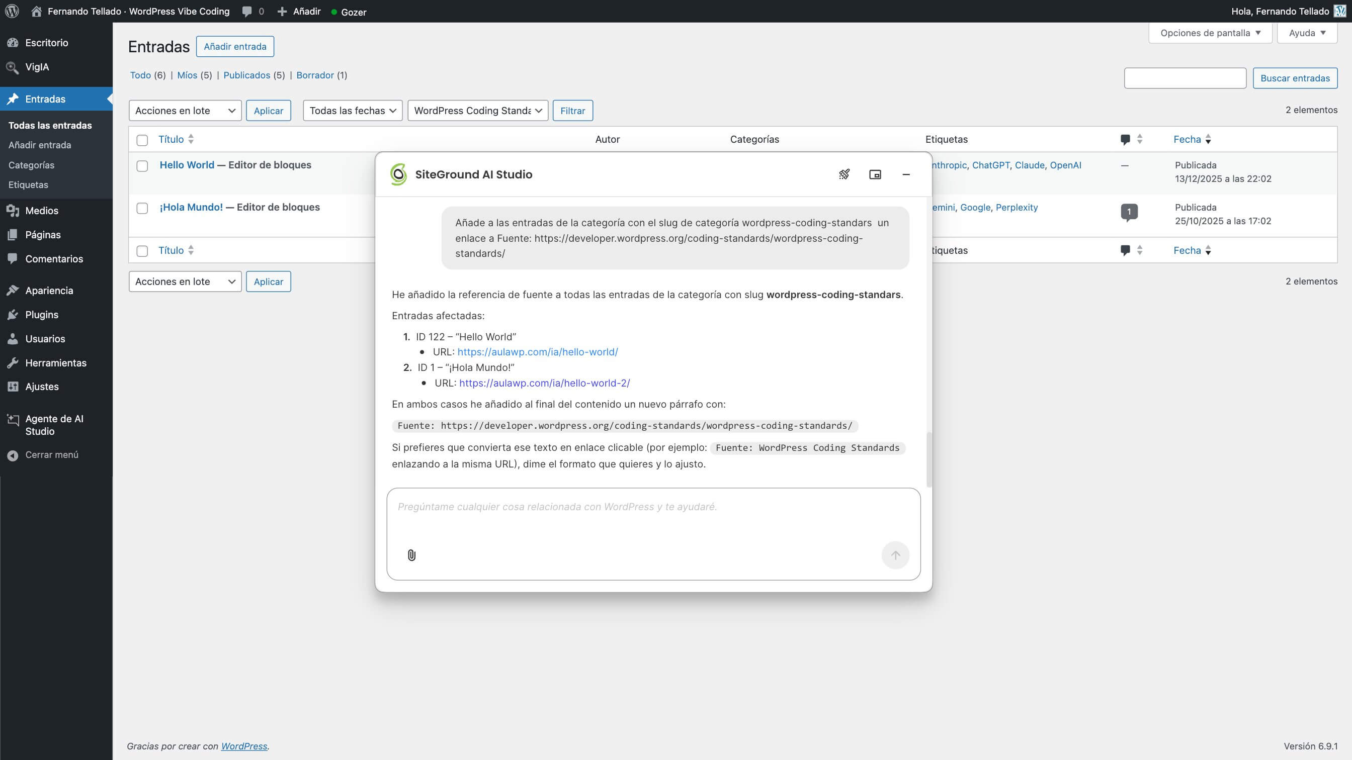 Captura de pantalla de un usuario solicitando al agente de WordPress de AI Studio que añada un enlace a todas las entradas del blog en determinadas categorías