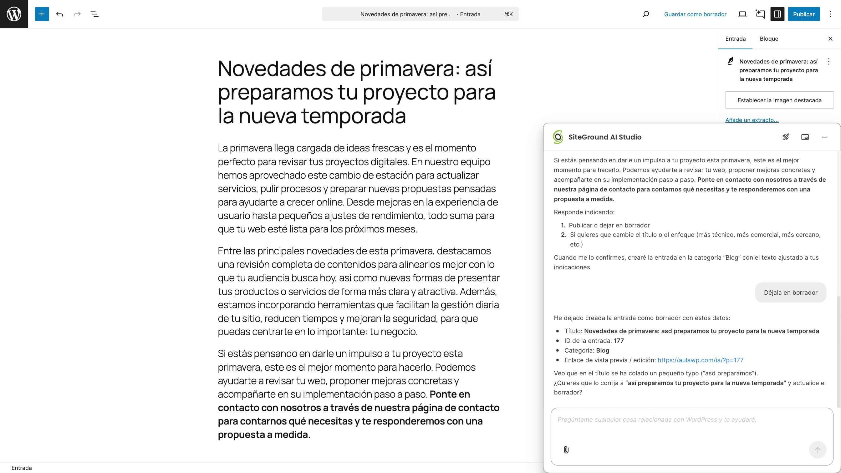 Captura de pantalla de una entrada de blog generada por el agente WordPress de AI Studio, directamente en un borrador de WordPress