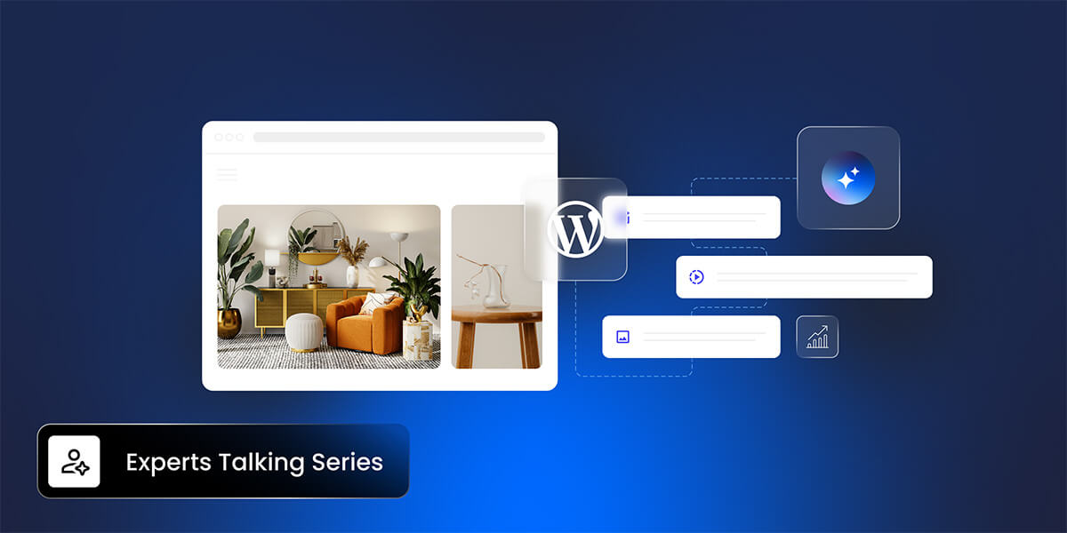 Ilustración de un sitio web de WordPress rodeado de íconos que representan plugins y funcionalidades IA. En la parte inferior, una etiqueta con la inscripción Experts Talking Series