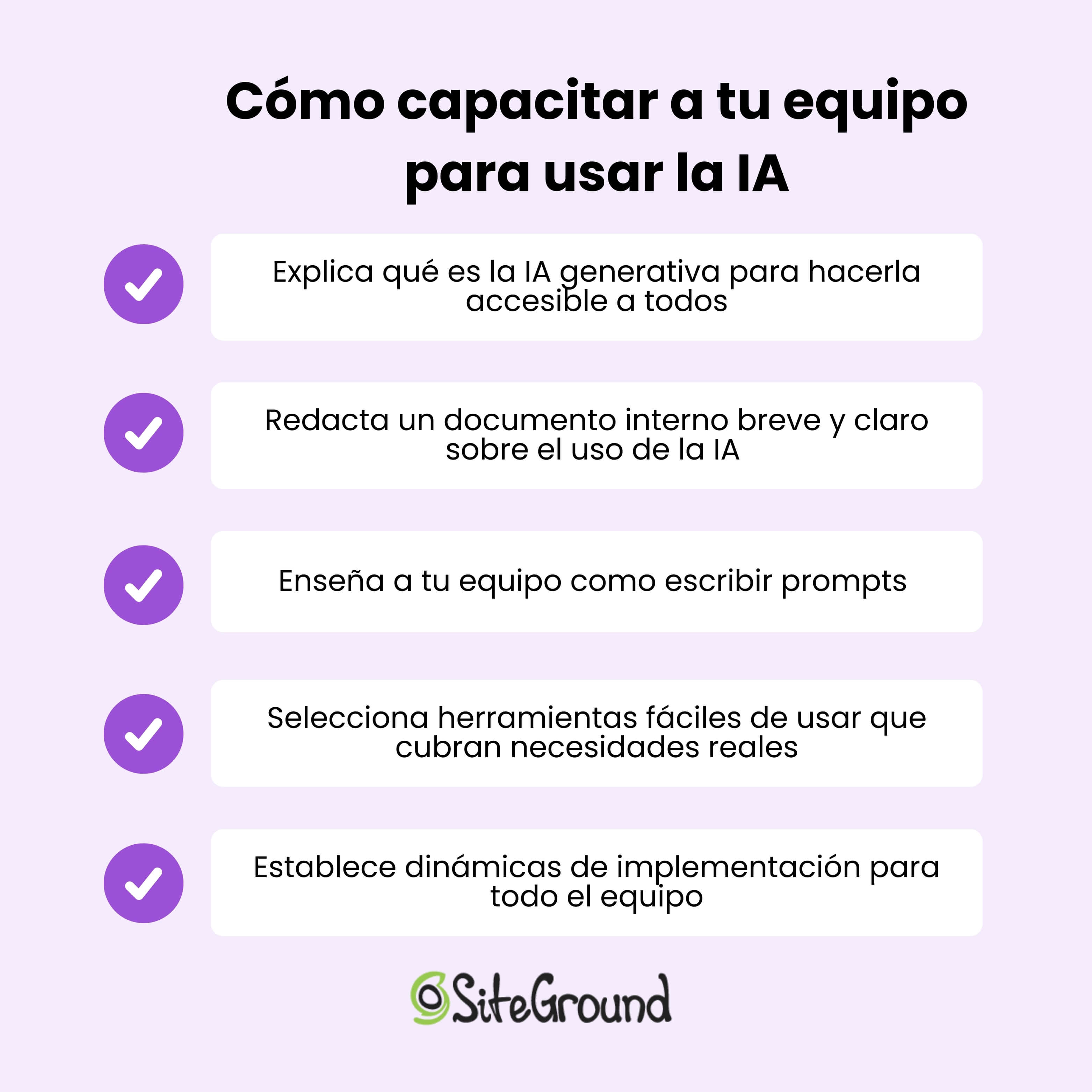 Resumen esquemático de los 5 pasos necesarios para educar a un equipo sobre el uso de IA en el trabajo