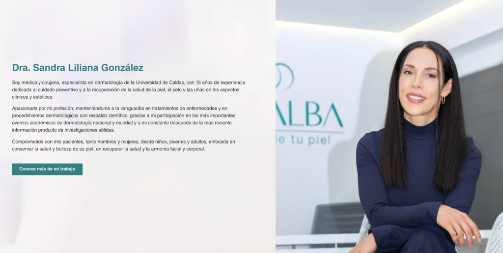 Captura de pantalla de la página Quiénes Somos de AllAlbaDermatología