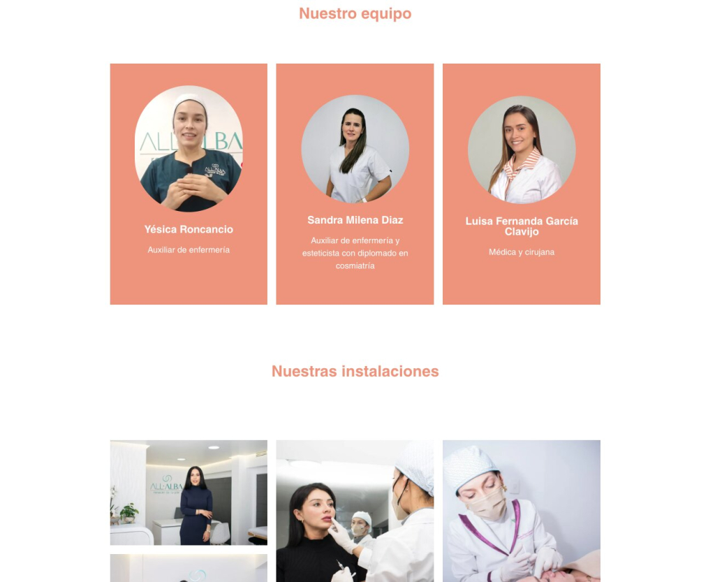 Captura de pantalla de la página Quiénes Somos de AllAlbaDermatología