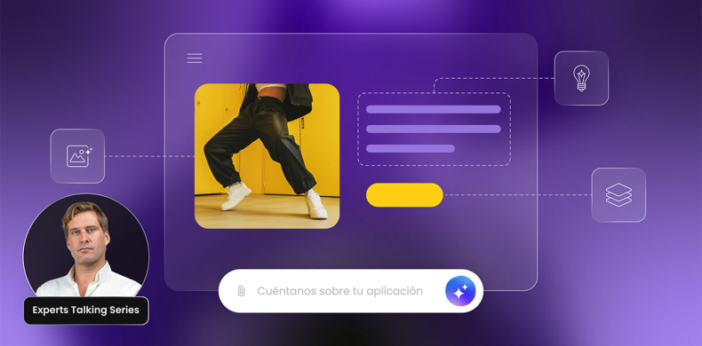 Ilustración de un chat IA donde el software pide la descripción de una app para crearla