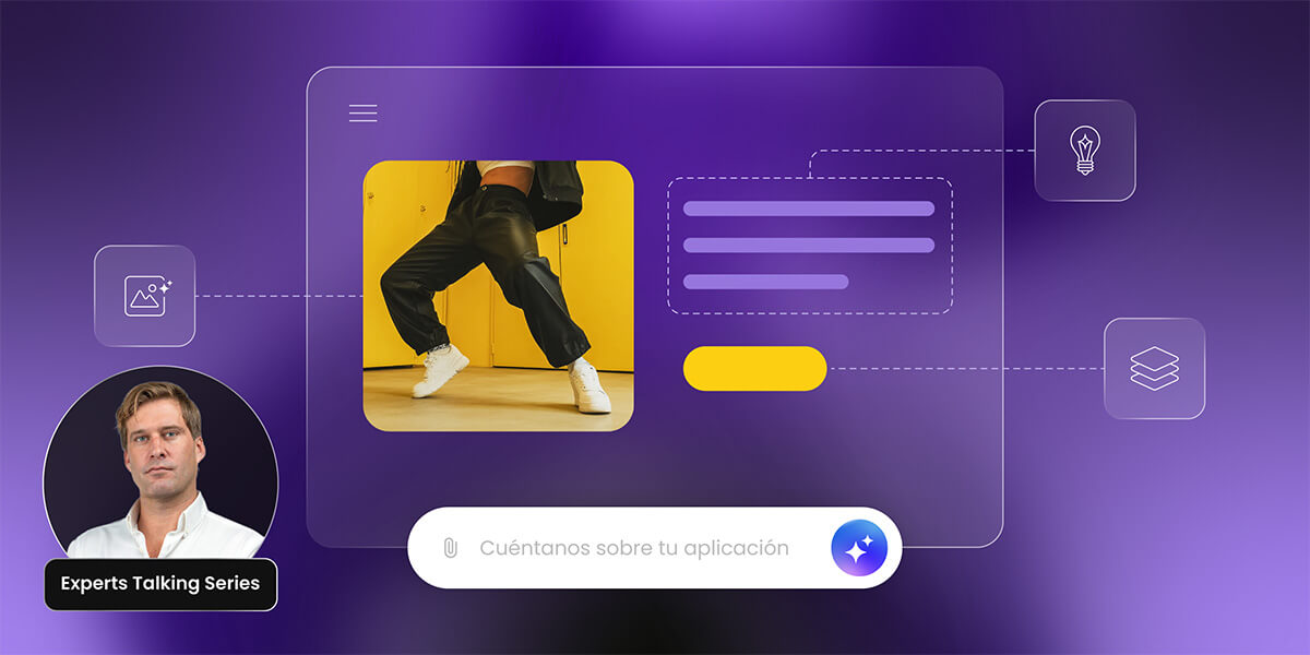 Ilustración de un chat IA donde el software pide la descripción de una app para crearla