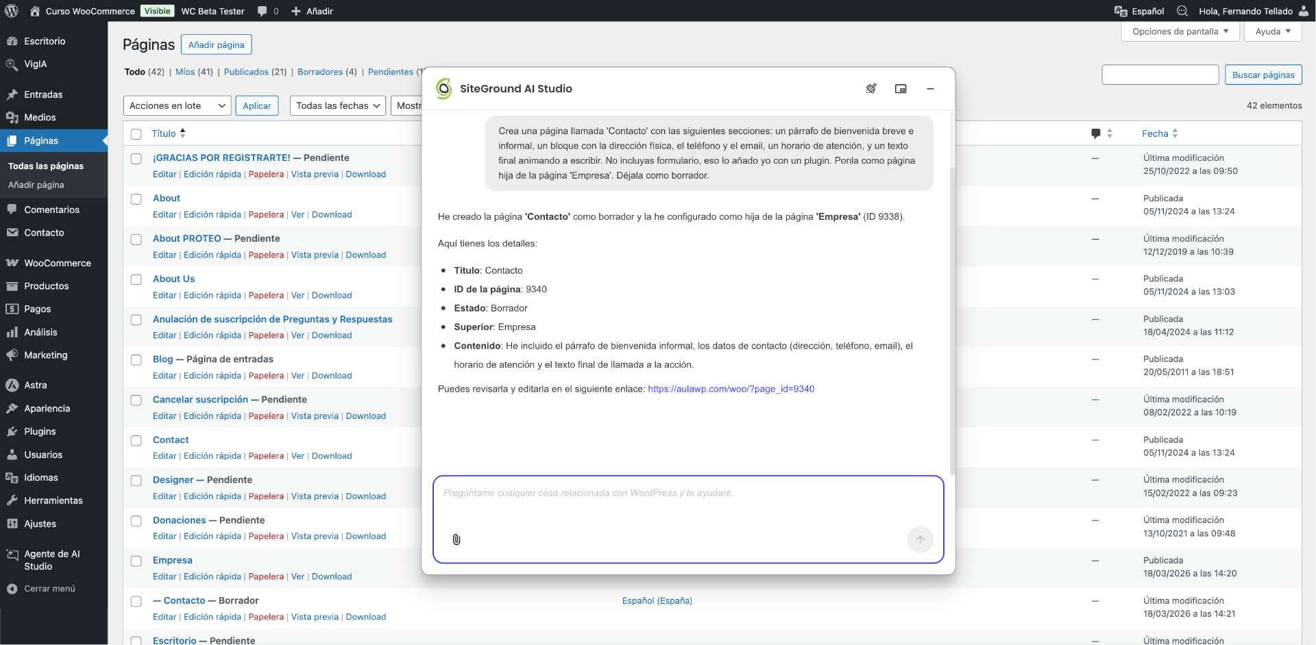captura de pantalla del plugin Agente WordPress de SiteGround que confirma haber creado la pagina Contacto directamente en el escritorio WordPress