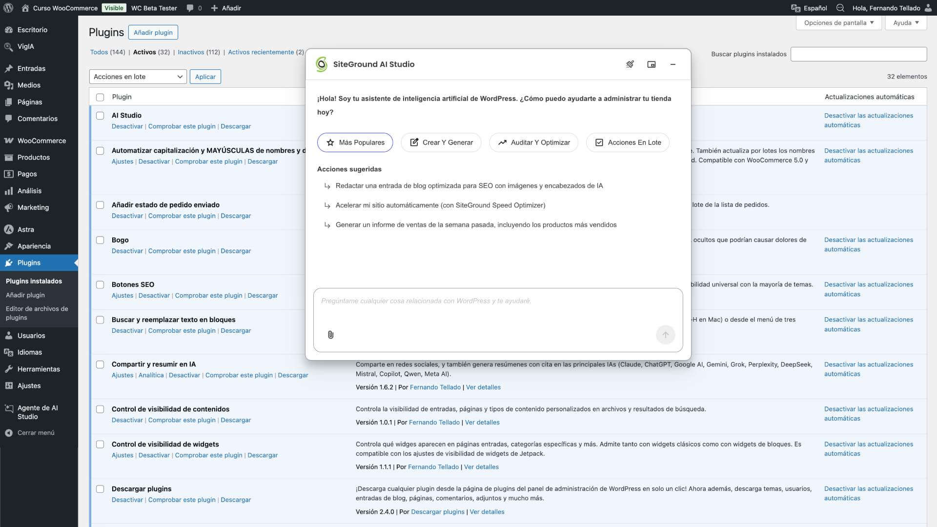 captura de pantalla del Agente IA para WordPress de SiteGround AI Studio funcionando como plugin en el escritorio WordPress