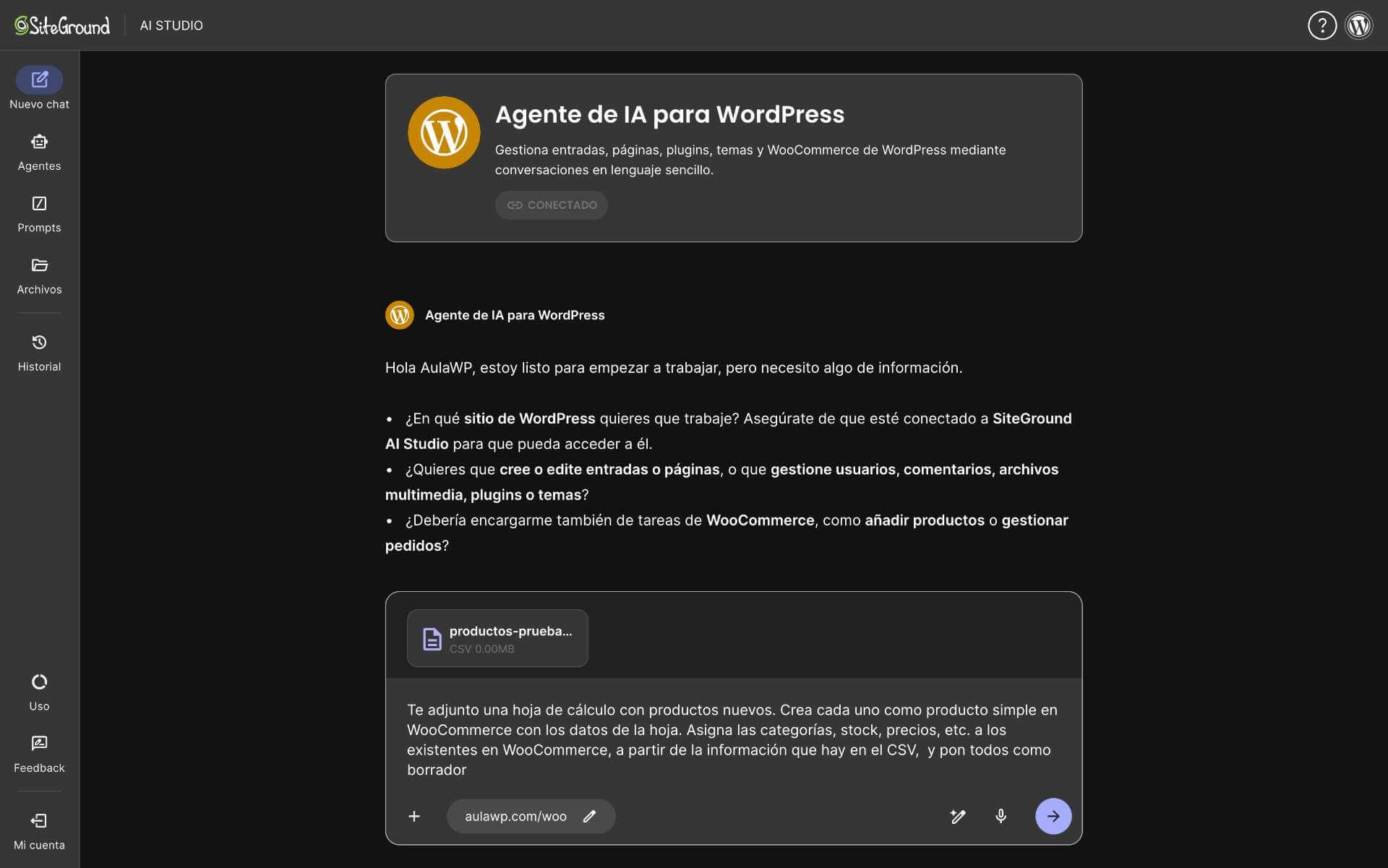 captura de pantalla de una solicitud al Agente WordPress de SiteGround en AI Studio donde el usuario pide crear productos nuevos a partir de una hoja con datos