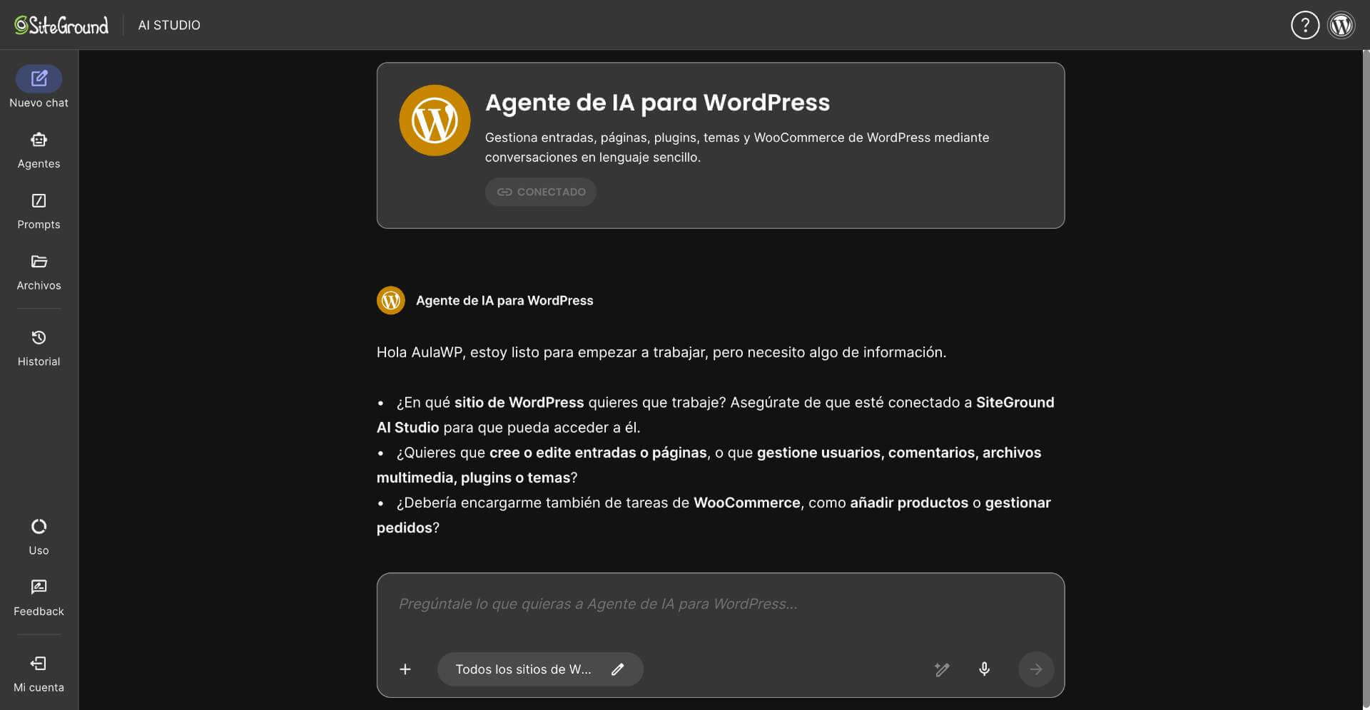 captura de pantalla de inicio del Agente IA para WordPress de SiteGround AI Studio