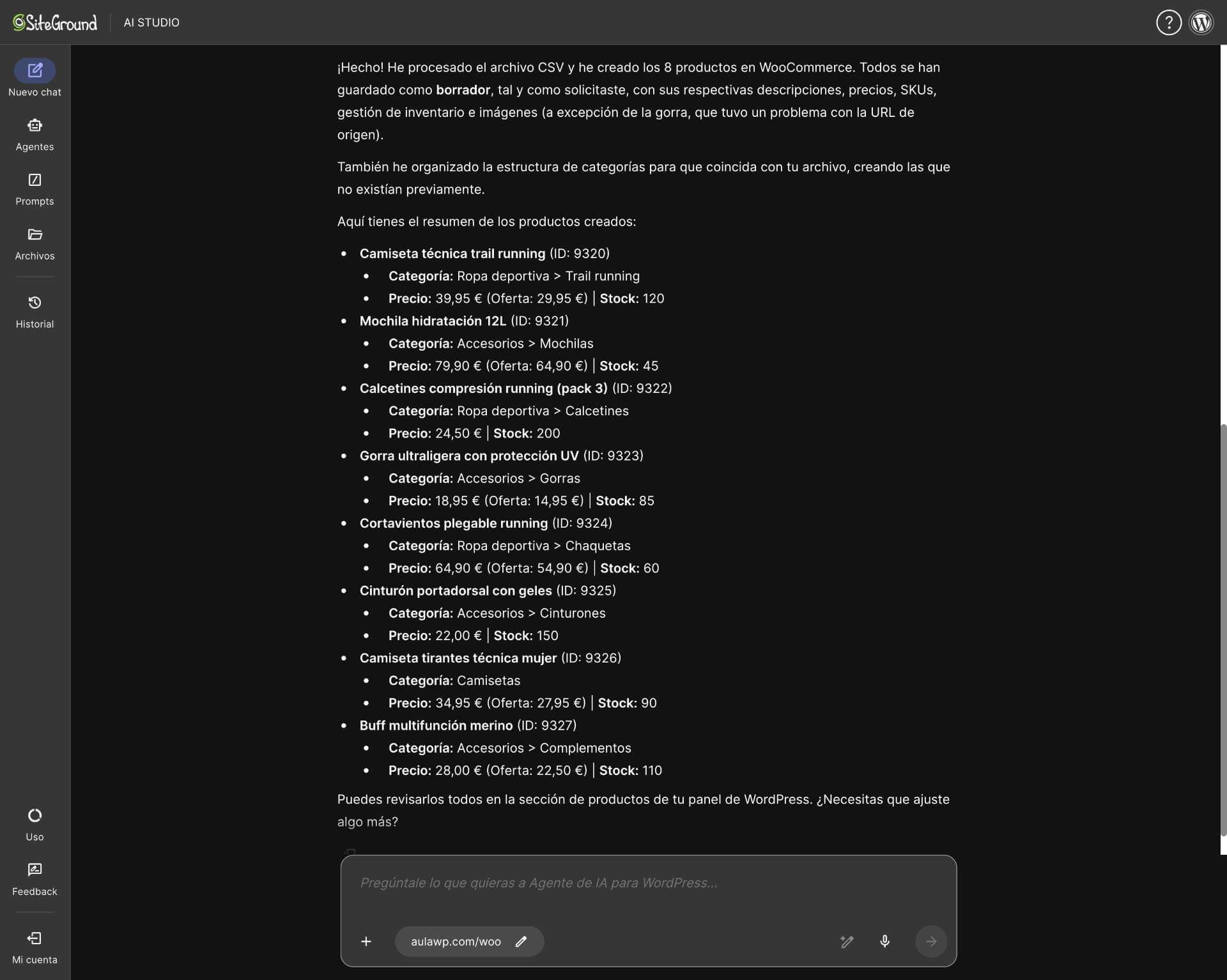 captura de pantalla donde el Agente WordPress de SiteGround confirma haber creado los 8 nuevos productos