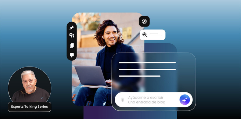 Ilustración de un autonomo trabajando en su laptop con iconos de WordPress e IA
